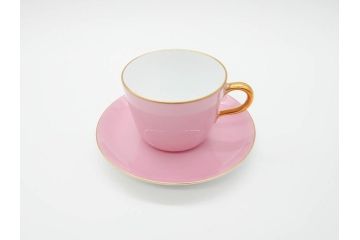 大倉陶園(OKURA、OAC)　色蒔き(ピンク)　シンプルながら上品な雰囲気を醸し出すモーニングカップ&ソーサー(洋食器、C&S、箱付き)(R-070220)