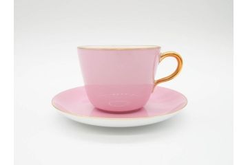 大倉陶園(OKURA、OAC)　色蒔き(ピンク)　シンプルながら上品な雰囲気を醸し出すモーニングカップ&ソーサー(洋食器、C&S、箱付き)(R-070220)