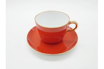 大倉陶園(OKURA、OAC)　色蒔き(レッド)　シンプルながら上品な雰囲気を醸し出すモーニングカップ&ソーサー(洋食器、C&S、箱付き)(R-070221)