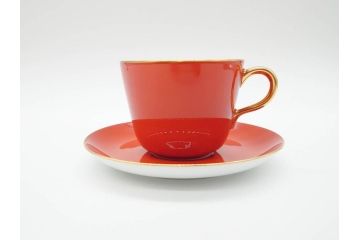 大倉陶園(OKURA、OAC)　色蒔き(レッド)　シンプルながら上品な雰囲気を醸し出すモーニングカップ&ソーサー(洋食器、C&S、箱付き)(R-070221)