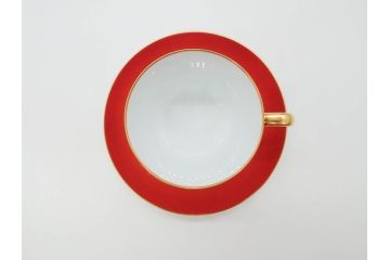 大倉陶園(OKURA、OAC)　色蒔き(レッド)　シンプルながら上品な雰囲気を醸し出すモーニングカップ&ソーサー(洋食器、C&S、箱付き)(R-070221)