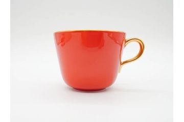 大倉陶園(OKURA、OAC)　色蒔き(レッド)　シンプルながら上品な雰囲気を醸し出すモーニングカップ&ソーサー(洋食器、C&S、箱付き)(R-070221)