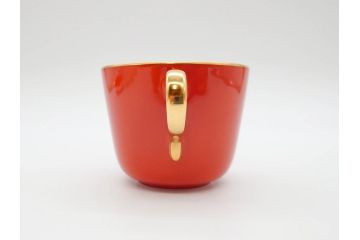 大倉陶園(OKURA、OAC)　色蒔き(レッド)　シンプルながら上品な雰囲気を醸し出すモーニングカップ&ソーサー(洋食器、C&S、箱付き)(R-070221)