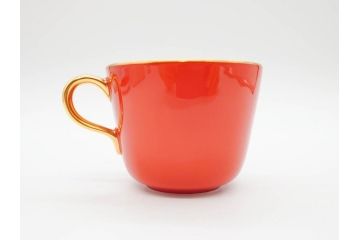 大倉陶園(OKURA、OAC)　色蒔き(レッド)　シンプルながら上品な雰囲気を醸し出すモーニングカップ&ソーサー(洋食器、C&S、箱付き)(R-070221)