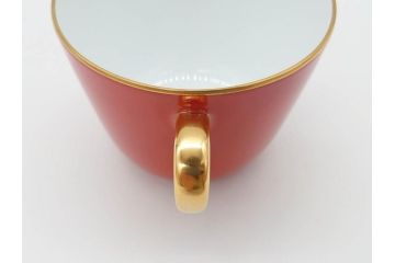 大倉陶園(OKURA、OAC)　色蒔き(レッド)　シンプルながら上品な雰囲気を醸し出すモーニングカップ&ソーサー(洋食器、C&S、箱付き)(R-070221)