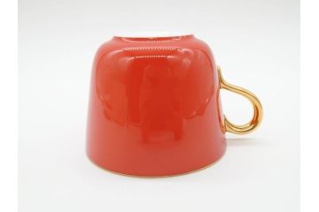 大倉陶園(OKURA、OAC)　色蒔き(レッド)　シンプルながら上品な雰囲気を醸し出すモーニングカップ&ソーサー(洋食器、C&S、箱付き)(R-070221)