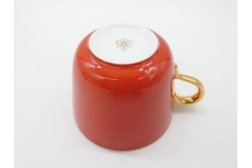 大倉陶園(OKURA、OAC)　色蒔き(レッド)　シンプルながら上品な雰囲気を醸し出すモーニングカップ&ソーサー(洋食器、C&S、箱付き)(R-070221)
