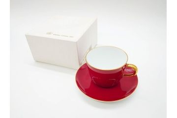 大倉陶園(OKURA、OAC)　色蒔き(マロン)　シンプルながら上品な雰囲気を醸し出すモーニングカップ&ソーサー(洋食器、C&S、箱付き、マローネ、マルーン)(R-070222)