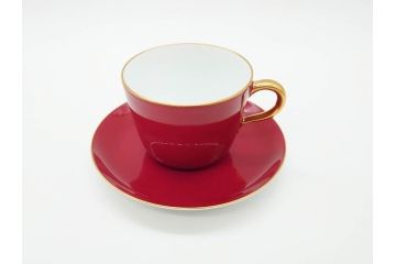 大倉陶園(OKURA、OAC)　色蒔き(マロン)　シンプルながら上品な雰囲気を醸し出すモーニングカップ&ソーサー(洋食器、C&S、箱付き、マローネ、マルーン)(R-070222)