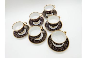 東ドイツ　リヒテ社　Lichte Echt Kobalt　金彩　コバルト　落ち着いた紺色に金の装飾が美しいカップ&ソーサー6客セット(洋食器、C&S)(R-070231)