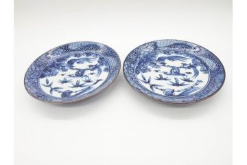 加藤利昌　清水焼　祥瑞花鳥文　8.3寸　約25cm　落ち着いた色合いが素敵な大皿2枚セット(和食器、和皿、染付、八寸三分)(R-070234)