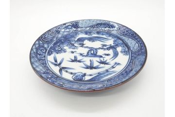 加藤利昌　清水焼　祥瑞花鳥文　8.3寸　約25cm　落ち着いた色合いが素敵な大皿2枚セット(和食器、和皿、染付、八寸三分)(R-070234)
