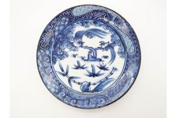 加藤利昌　清水焼　祥瑞花鳥文　8.3寸　約25cm　落ち着いた色合いが素敵な大皿2枚セット(和食器、和皿、染付、八寸三分)(R-070234)