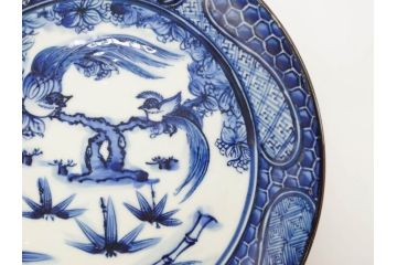 加藤利昌　清水焼　祥瑞花鳥文　8.3寸　約25cm　落ち着いた色合いが素敵な大皿2枚セット(和食器、和皿、染付、八寸三分)(R-070234)