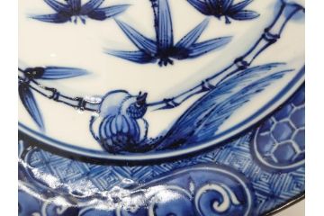 加藤利昌　清水焼　祥瑞花鳥文　8.3寸　約25cm　落ち着いた色合いが素敵な大皿2枚セット(和食器、和皿、染付、八寸三分)(R-070234)