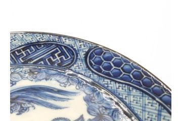 加藤利昌　清水焼　祥瑞花鳥文　8.3寸　約25cm　落ち着いた色合いが素敵な大皿2枚セット(和食器、和皿、染付、八寸三分)(R-070234)