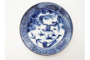 加藤利昌　清水焼　祥瑞花鳥文　8.3寸　約25cm　落ち着いた色合いが素敵な大皿2枚セット(和食器、和皿、染付、八寸三分)(R-070234)