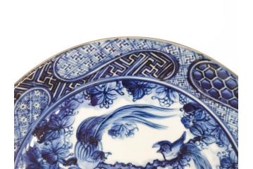 加藤利昌　清水焼　祥瑞花鳥文　8.3寸　約25cm　落ち着いた色合いが素敵な大皿2枚セット(和食器、和皿、染付、八寸三分)(R-070234)