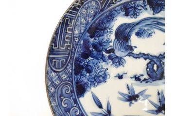 加藤利昌　清水焼　祥瑞花鳥文　8.3寸　約25cm　落ち着いた色合いが素敵な大皿2枚セット(和食器、和皿、染付、八寸三分)(R-070234)