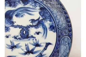加藤利昌　清水焼　祥瑞花鳥文　8.3寸　約25cm　落ち着いた色合いが素敵な大皿2枚セット(和食器、和皿、染付、八寸三分)(R-070234)
