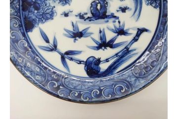 加藤利昌　清水焼　祥瑞花鳥文　8.3寸　約25cm　落ち着いた色合いが素敵な大皿2枚セット(和食器、和皿、染付、八寸三分)(R-070234)