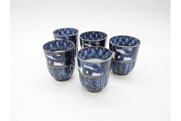 加藤利昌　清水焼　染付　祥瑞文　落ち着いた和の雰囲気にぴったりの湯呑み5客セット(和食器、湯のみ)(R-070238)