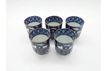 加藤利昌　清水焼　染付　祥瑞文　落ち着いた和の雰囲気にぴったりの湯呑み5客セット(和食器、湯のみ)(R-070238)