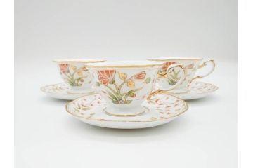 大倉陶園(OAC)　OKURA CHINA　フラワー　華やかな花のデザインが気分を上げてくれるティーカップ&ソーサー3客セット(箱付き、洋食器)(R-070260)