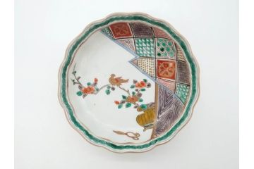 江戸〜明治期　伊万里　色絵　約16cm　5.1寸　多様な絵付けが目を惹くなます皿3枚セット(花盆、花鳥、はさみ、深皿、和食器、五寸一分)(R-070263)