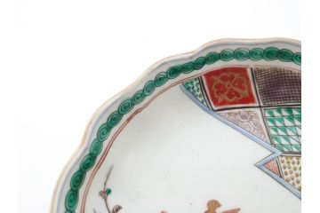 江戸〜明治期　伊万里　色絵　約16cm　5.1寸　多様な絵付けが目を惹くなます皿3枚セット(花盆、花鳥、はさみ、深皿、和食器、五寸一分)(R-070263)