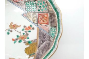 江戸〜明治期　伊万里　色絵　約16cm　5.1寸　多様な絵付けが目を惹くなます皿3枚セット(花盆、花鳥、はさみ、深皿、和食器、五寸一分)(R-070263)