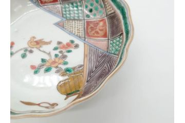 江戸〜明治期　伊万里　色絵　約16cm　5.1寸　多様な絵付けが目を惹くなます皿3枚セット(花盆、花鳥、はさみ、深皿、和食器、五寸一分)(R-070263)