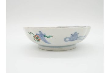 江戸〜明治期　伊万里　色絵　約16cm　5.1寸　多様な絵付けが目を惹くなます皿3枚セット(花盆、花鳥、はさみ、深皿、和食器、五寸一分)(R-070263)