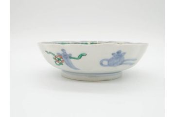 江戸〜明治期　伊万里　色絵　約16cm　5.1寸　多様な絵付けが目を惹くなます皿3枚セット(花盆、花鳥、はさみ、深皿、和食器、五寸一分)(R-070263)