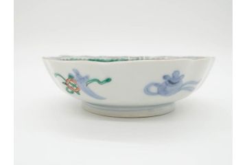 江戸〜明治期　伊万里　色絵　約16cm　5.1寸　多様な絵付けが目を惹くなます皿3枚セット(花盆、花鳥、はさみ、深皿、和食器、五寸一分)(R-070263)