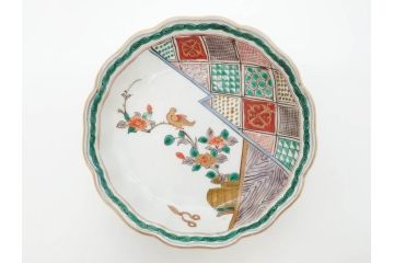江戸〜明治期　伊万里　色絵　約16cm　5.1寸　多様な絵付けが目を惹くなます皿3枚セット(花盆、花鳥、はさみ、深皿、和食器、五寸一分)(R-070263)