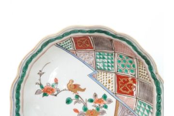 江戸〜明治期　伊万里　色絵　約16cm　5.1寸　多様な絵付けが目を惹くなます皿3枚セット(花盆、花鳥、はさみ、深皿、和食器、五寸一分)(R-070263)