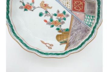 江戸〜明治期　伊万里　色絵　約16cm　5.1寸　多様な絵付けが目を惹くなます皿3枚セット(花盆、花鳥、はさみ、深皿、和食器、五寸一分)(R-070263)