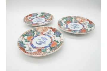 幕末　伊万里　色絵　7寸　約22cm　優雅に舞う蝶のデザインが魅力の中皿3枚セット(花蝶、鳳凰、鳥、竹、紫陽花、和食器、七寸)(R-070264)
