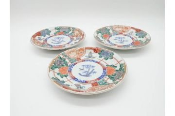 幕末　伊万里　色絵　7寸　約22cm　優雅に舞う蝶のデザインが魅力の中皿3枚セット(花蝶、鳳凰、鳥、竹、紫陽花、和食器、七寸)(R-070264)