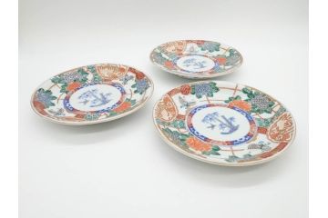 幕末　伊万里　色絵　7寸　約22cm　優雅に舞う蝶のデザインが魅力の中皿3枚セット(花蝶、鳳凰、鳥、竹、紫陽花、和食器、七寸)(R-070264)