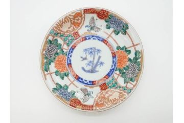 幕末　伊万里　色絵　7寸　約22cm　優雅に舞う蝶のデザインが魅力の中皿3枚セット(花蝶、鳳凰、鳥、竹、紫陽花、和食器、七寸)(R-070264)