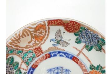 幕末　伊万里　色絵　7寸　約22cm　優雅に舞う蝶のデザインが魅力の中皿3枚セット(花蝶、鳳凰、鳥、竹、紫陽花、和食器、七寸)(R-070264)