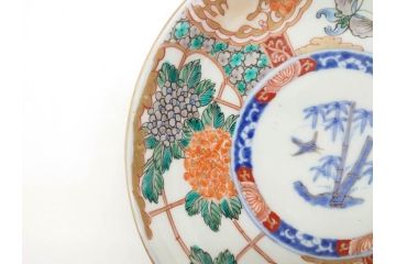 幕末　伊万里　色絵　7寸　約22cm　優雅に舞う蝶のデザインが魅力の中皿3枚セット(花蝶、鳳凰、鳥、竹、紫陽花、和食器、七寸)(R-070264)