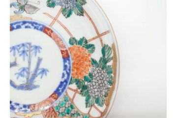 幕末　伊万里　色絵　7寸　約22cm　優雅に舞う蝶のデザインが魅力の中皿3枚セット(花蝶、鳳凰、鳥、竹、紫陽花、和食器、七寸)(R-070264)