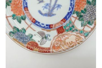幕末　伊万里　色絵　7寸　約22cm　優雅に舞う蝶のデザインが魅力の中皿3枚セット(花蝶、鳳凰、鳥、竹、紫陽花、和食器、七寸)(R-070264)