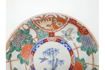幕末　伊万里　色絵　7寸　約22cm　優雅に舞う蝶のデザインが魅力の中皿3枚セット(花蝶、鳳凰、鳥、竹、紫陽花、和食器、七寸)(R-070264)