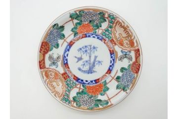 幕末　伊万里　色絵　7寸　約22cm　優雅に舞う蝶のデザインが魅力の中皿3枚セット(花蝶、鳳凰、鳥、竹、紫陽花、和食器、七寸)(R-070264)