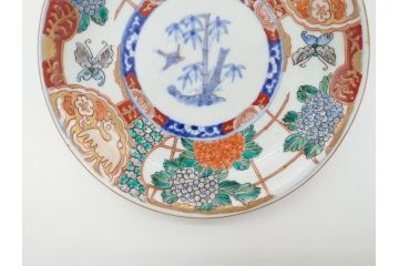 幕末　伊万里　色絵　7寸　約22cm　優雅に舞う蝶のデザインが魅力の中皿3枚セット(花蝶、鳳凰、鳥、竹、紫陽花、和食器、七寸)(R-070264)