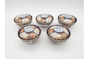 幕末〜明治期　伊万里　4.1寸　約13cm　煌びやかな色絵が目を惹く蓋付き茶碗5客セット(麒麟の図、和食器、四寸一分)(R-070265)
